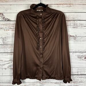 Womens VTG 80s Contemporary Classics Brown Polyester Button Up Blouse Ruffle M